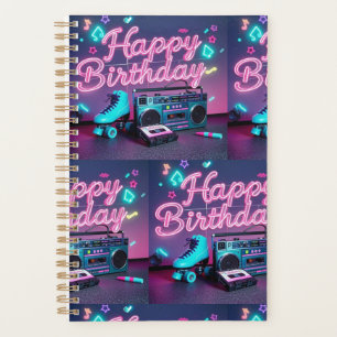 Retro neon Happy Birthday sign in pink and teal Planner