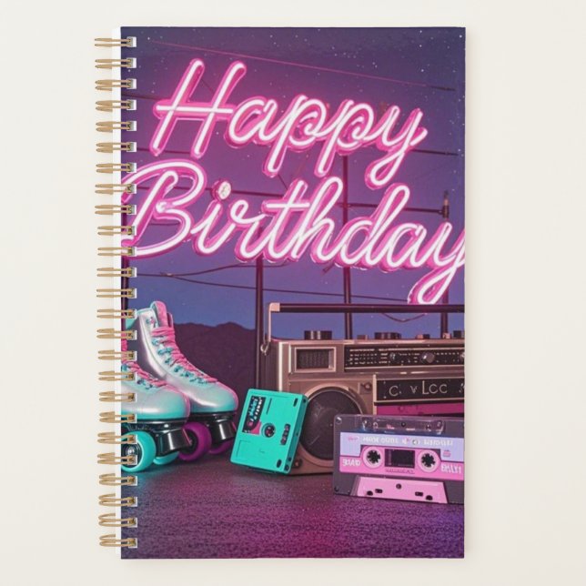Retro neon Happy Birthday sign in pink and teal Planner (Front)