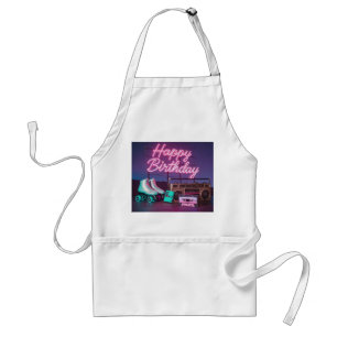 Retro neon Happy Birthday sign in pink and teal Standard Apron