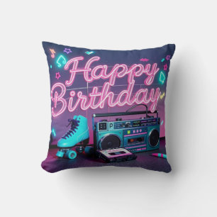 Retro neon Happy Birthday sign in pink and teal Throw Pillow