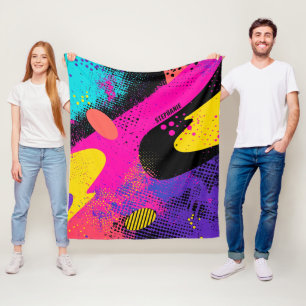 Retro Neon Hot Pink Cyan Abstract Pop Art Fleece Blanket