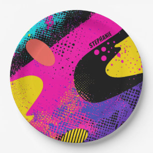 Retro Neon Hot Pink Cyan Abstract Pop Art Paper Plate