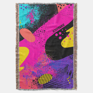 Retro Neon Hot Pink Cyan Abstract Pop Art Throw Blanket