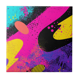 Retro Neon Hot Pink Cyan Abstract Pop Art Tile