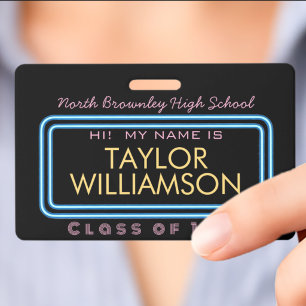 Retro neon light class reunion name badge