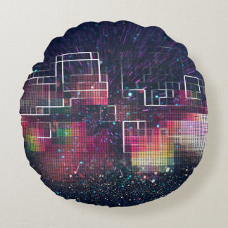 Retro neon lights and geometric seamless pattern round pillow