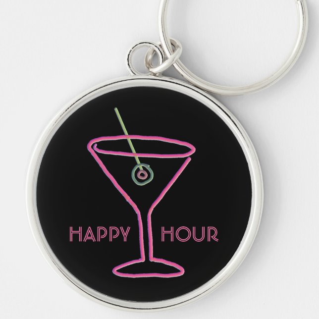 Retro Neon Martini Happy Hour Keychain (Front)