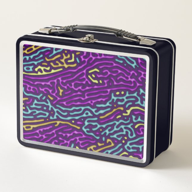 Retro Neon Maze Pattern – Arcade Aesthetic Metal Lunch Box (Front)