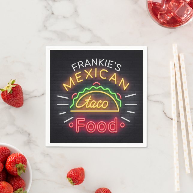 Retro Neon Mexican Food Taco Personalized Diner Napkin (Insitu)