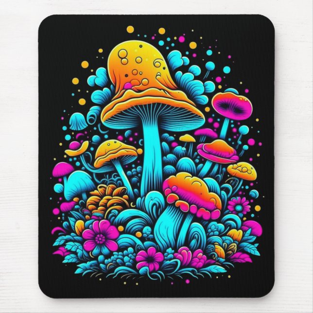 Retro Neon Mushrooms and Flowers Ai Art Mouse Pad (Front)