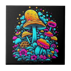 Retro Neon Mushrooms and Flowers Ai Art Tile