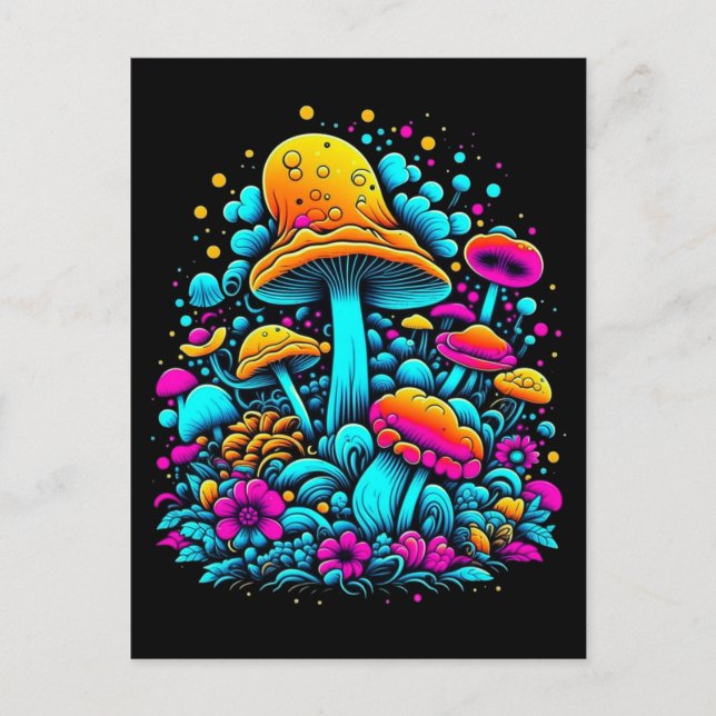 Retro Neon Mushrooms and Flowers  Postcard (Front)