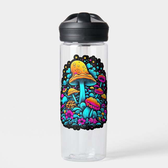 Retro Neon Mushrooms and Flowers  Water Bottle (Front)