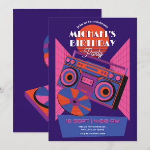 Retro neon music electro birthday invitation