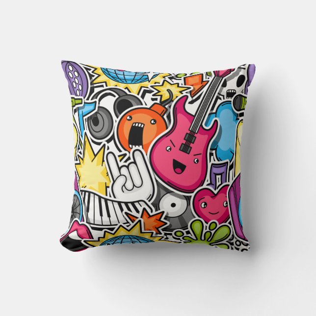Retro neon music themed throw pillow (Front)