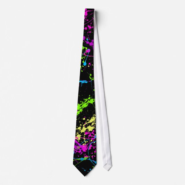 Retro Neon Paint Splatter on Black Tie (Front)