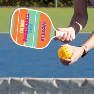 Retro Neon Personalized Orange Green Stripe Pickleball Paddle