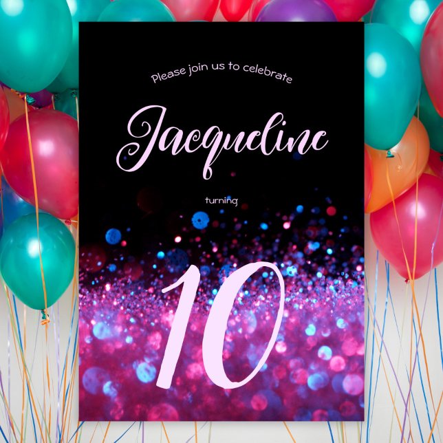 Retro Neon Pink Glitter Glow Script 10th birthday Invitation (Creator Uploaded)