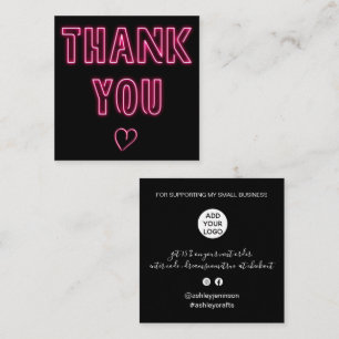 Retro neon pink sign order thank you black square business card