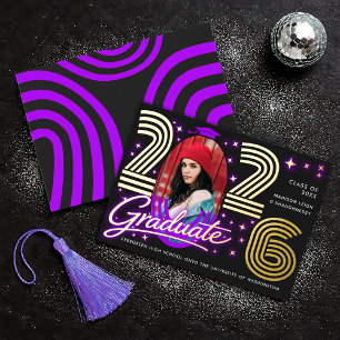 Retro Neon Purple Photo Graduate Foil Announcement