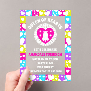 Retro Neon Queen Of Hearts Birthday Acrylic Invitations