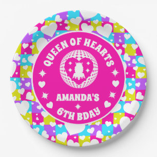 Retro Neon Queen Of Hearts Birthday Paper Plate