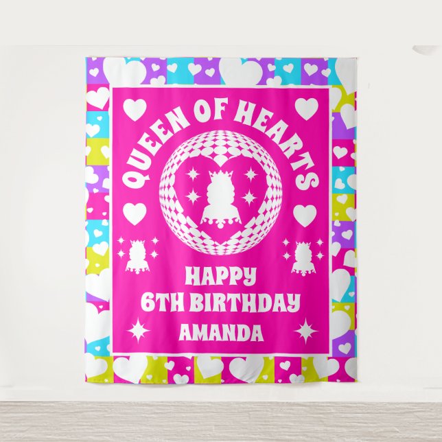 Retro Neon Queen Of Hearts Birthday Party Banner Tapestry (Front)