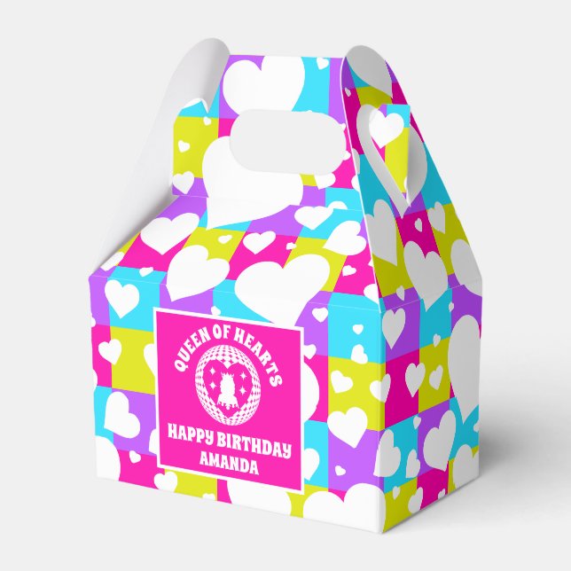 Retro Neon Queen Of Hearts Birthday Party Favor Box (Front Side)