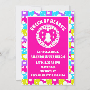 Retro Neon Queen Of Hearts Birthday Party Invitation