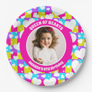 Retro Neon Queen Of Hearts Birthday Party Photo Paper Plate