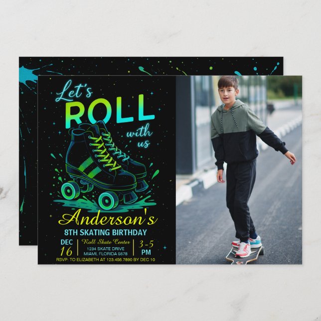 Retro Neon Roller Skate Birthday Photo Invitation (Front/Back)