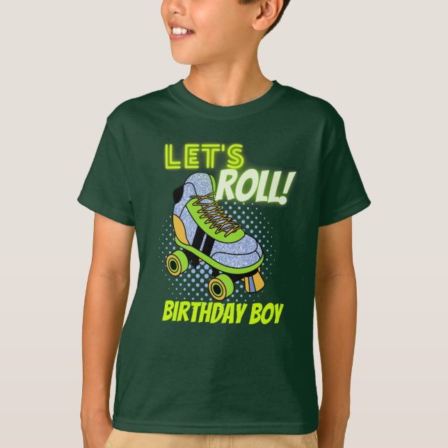 Retro Neon Roller Skating Lets Roll Birthday Boy T-Shirt (Front)