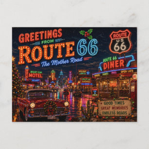 Retro Neon Route 66 Christmas Greetings Postcard
