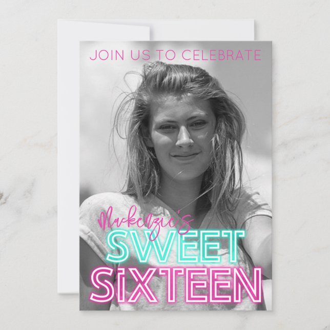 Retro Neon Sign with Black & White Photo Sweet 16 Invitation (Front)