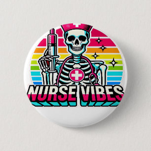 Retro Neon Skeleton Nurse – Funny Spooky Medical D 2 Inch Round Button