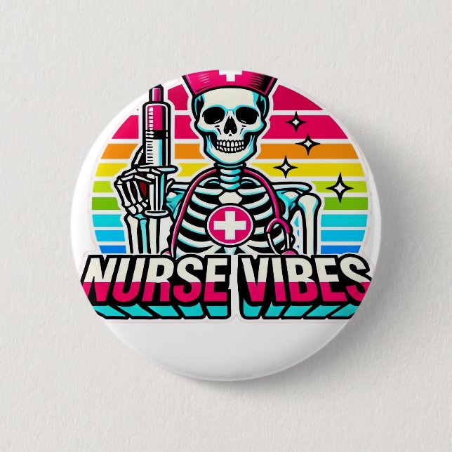 Retro Neon Skeleton Nurse – Funny Spooky Medical D 2 Inch Round Button (Front)