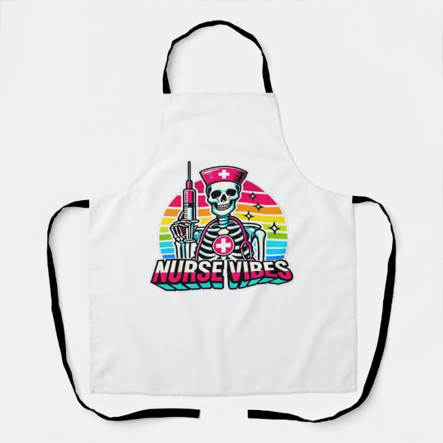 Retro Neon Skeleton Nurse – Funny Spooky Medical D Apron (Front)