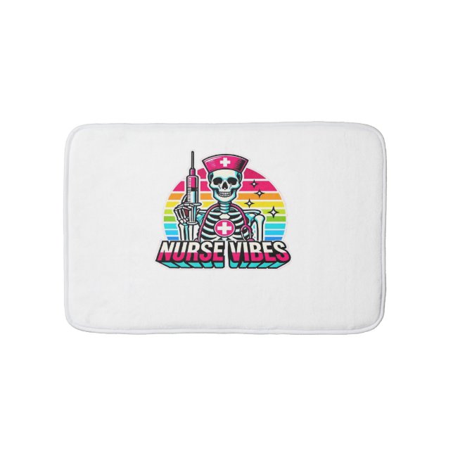 Retro Neon Skeleton Nurse – Funny Spooky Medical D Bath Mat (Front)