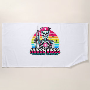 Retro Neon Skeleton Nurse – Funny Spooky Medical D Beach Towel