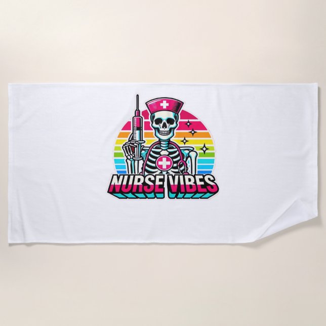 Retro Neon Skeleton Nurse – Funny Spooky Medical D Beach Towel (Front)