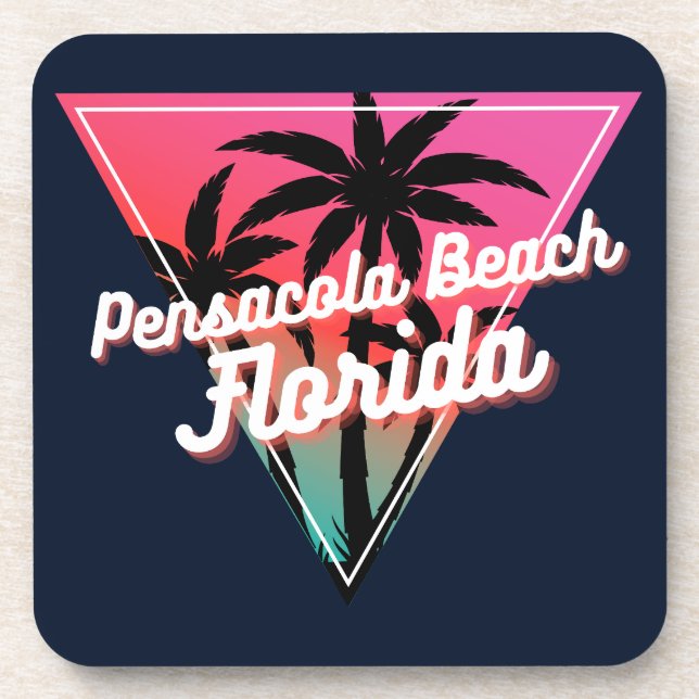 Retro Neon Sunset Palm Trees Pensacola Beach Coaster (Front)