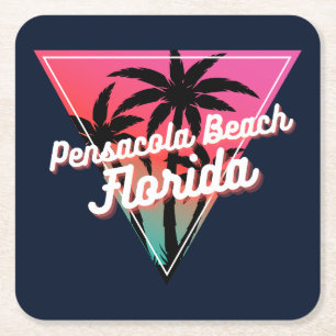 Retro Neon Sunset Palm Trees Pensacola Beach Square Paper Coaster