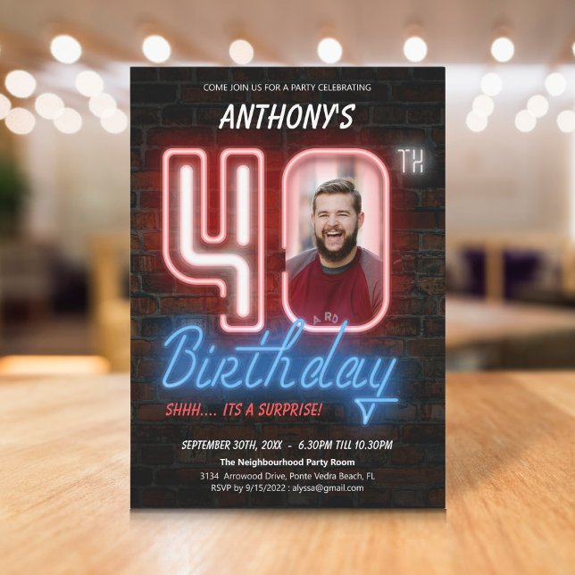 Retro Neon Surprise 40th Birthday Party Invitation (Retro Neon Surprise 40th Birthday Party Invitation)