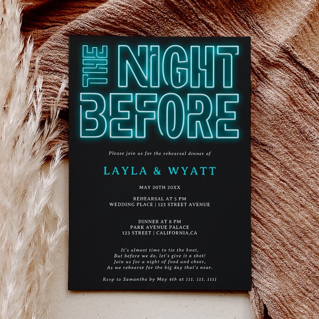 Retro neon teal night before rehearsal dinner invitation (Creator Uploaded)