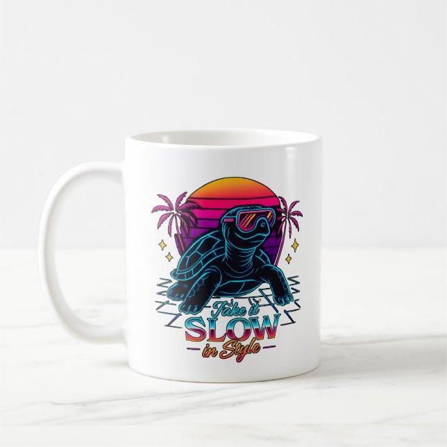 Retro Neon Turtle Vaporwave Art Coffee Mug (Left)