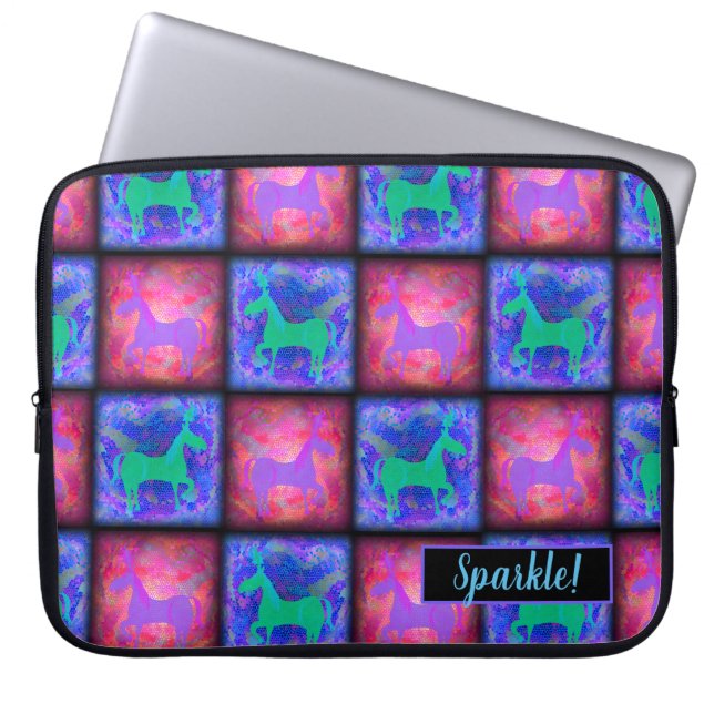 Retro Neon Unicorn Checks Pattern fun Art Laptop Sleeve (Front)