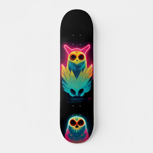 Retro Neon Vaporwave Owls Board Skateboard (Front)