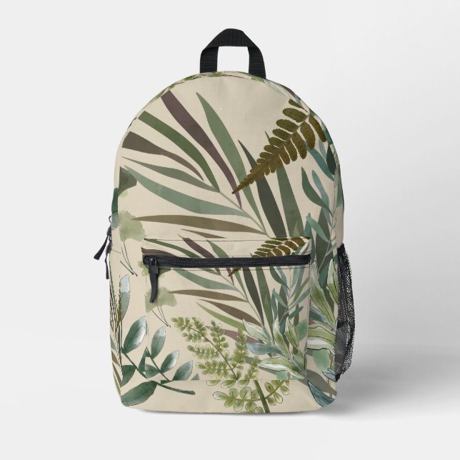 Retro Neutral Sage Floral Fern Botanical Foliage  Printed Backpack (Front)