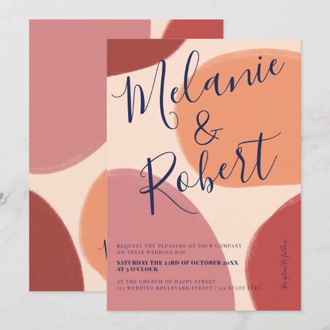 Retro neutral shapes earth tone wedding initials invitation (Front/Back)