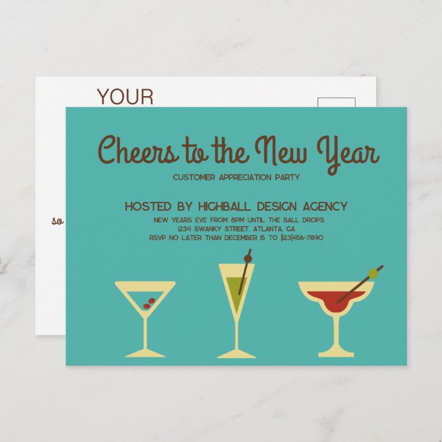 Retro New Years Eve Party Business Invitation Postcard (Front/Back)